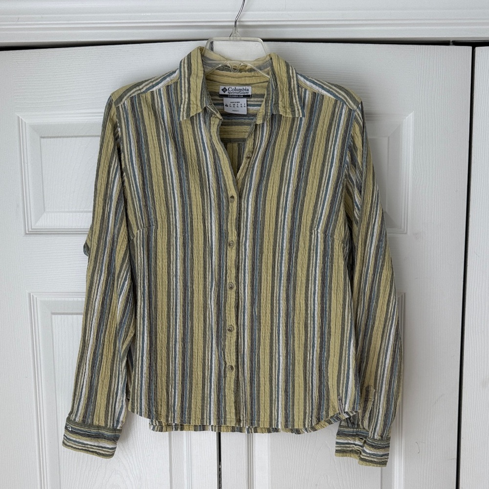 Columbia Women’s Striped Blouse Gauze ish Yellow Blue and Gray green seer sucker